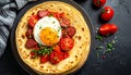 Close-up of a stack of tortillas with egg, sausage and tomatoes on a plate on a table Royalty Free Stock Photo