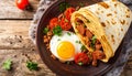 Close-up of a stack of tortillas with egg, sausage and tomatoes on a plate on a table Royalty Free Stock Photo