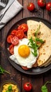 Close-up of a stack of tortillas with egg, sausage and tomatoes on a plate on a table Royalty Free Stock Photo