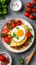Close-up of a stack of tortillas with egg, sausage and tomatoes on a plate on a table Royalty Free Stock Photo