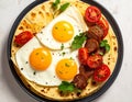 Close-up of a stack of tortillas with egg, sausage and tomatoes on a plate on a table Royalty Free Stock Photo
