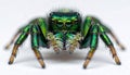 Metallic green jumping spider showing fangs on soft surface. Extreme macro shot Royalty Free Stock Photo