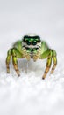 Metallic green jumping spider showing fangs on soft surface. Extreme macro shot Royalty Free Stock Photo