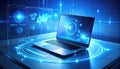Futuristic Laptop with Digital Interface and Global Data Visualization Royalty Free Stock Photo