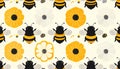 Seamless Pattern of Bees and Yellow Flowers on Cream Background Royalty Free Stock Photo