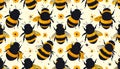 Seamless Pattern of Black and Yellow Bees with Flowers on Cream Background Royalty Free Stock Photo
