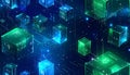 Futuristic Digital Cubes Representing Data Storage and Cloud Computing in a Neon Blue and Green Network Royalty Free Stock Photo