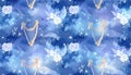 Ethereal Night Sky with Harps, Roses, and Angel Wings in a Dreamy Blue Hues Seamless Pattern Royalty Free Stock Photo