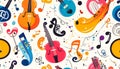Vibrant Music Instruments and Symbols Pattern on White Background Royalty Free Stock Photo