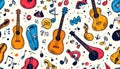 Vibrant Music Instruments Pattern with Guitars and Musical Notes Royalty Free Stock Photo