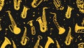 Vibrant Yellow Saxophones and Musical Notes on Black Background, Jazz Instrument Pattern Royalty Free Stock Photo