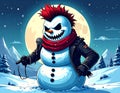 Rock album artistic image of punk rock winter snowman skelington with mowhawk holding Royalty Free Stock Photo