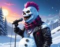 Rock album artistic image of punk rock winter snowman skelington with mowhawk holding Royalty Free Stock Photo