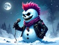 Rock album artistic image of punk rock winter snowman skelington with mowhawk holding Royalty Free Stock Photo