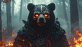 Bear with skeleton mask, shamanistic, fire surroundings, foggy forest, soulful Royalty Free Stock Photo