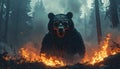 Bear with skeleton mask, shamanistic, fire surroundings, foggy forest, soulful Royalty Free Stock Photo