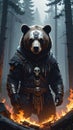 Bear with skeleton mask, shamanistic, fire surroundings, foggy forest, soulful Royalty Free Stock Photo