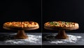 Brutalist product photo of pizza after before one pices on cutting board low light Royalty Free Stock Photo