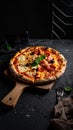 Brutalist product photo of pizza after before one pices on cutting board low light Royalty Free Stock Photo