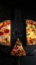 Brutalist product photo of pizza after before one pices on cutting board low light Royalty Free Stock Photo