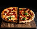 Brutalist product photo of pizza after before one pices on cutting board low light Royalty Free Stock Photo