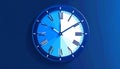 Blue Clock Face with Roman Numerals Showing 3:00 on a Dark Blue Background Royalty Free Stock Photo