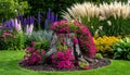 Outdoor photo of a charming 4x4 meter garden scene with a central weathered tree stum Royalty Free Stock Photo