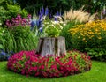 Outdoor photo of a charming 4x4 meter garden scene with a central weathered tree stum Royalty Free Stock Photo