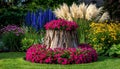 Outdoor photo of a charming 4x4 meter garden scene with a central weathered tree stum Royalty Free Stock Photo