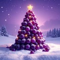 a Christmas Tree made out of purple grapes, with lights and a star, in a snowy backgr Royalty Free Stock Photo