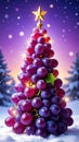 a Christmas Tree made out of purple grapes, with lights and a star, in a snowy backgr Royalty Free Stock Photo