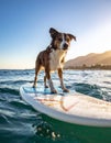 Dog walking on wate runder un on a surfboard Royalty Free Stock Photo