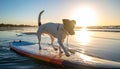 Dog walking on wate runder un on a surfboard Royalty Free Stock Photo