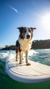 Dog walking on wate runder un on a surfboard Royalty Free Stock Photo