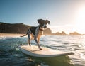 Dog walking on wate runder un on a surfboard Royalty Free Stock Photo