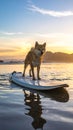 Dog walking on wate runder un on a surfboard Royalty Free Stock Photo