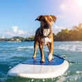 Dog walking on wate runder un on a surfboard Royalty Free Stock Photo