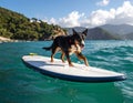 Dog walking on wate runder un on a surfboard Royalty Free Stock Photo