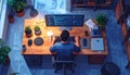 Programmer Working at Desk with Multiple Monitors and Plants Royalty Free Stock Photo