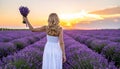 Blonde woman poses in lavender field at sunset. Happy woman in white dress holds lave Royalty Free Stock Photo