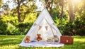 Teepee, tent and fun in garden in nature outdoor at park for playing, camp and imagin Royalty Free Stock Photo