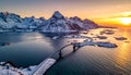 Scenic aerial view of fredvang bridges at colorful sunset in winter. Islands in lofot Royalty Free Stock Photo