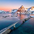 Scenic aerial view of fredvang bridges at colorful sunset in winter. Islands in lofot Royalty Free Stock Photo