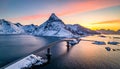 Scenic aerial view of fredvang bridges at colorful sunset in winter. Islands in lofot Royalty Free Stock Photo