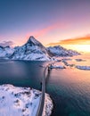 Scenic aerial view of fredvang bridges at colorful sunset in winter. Islands in lofot Royalty Free Stock Photo