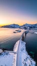 Scenic aerial view of fredvang bridges at colorful sunset in winter. Islands in lofot Royalty Free Stock Photo