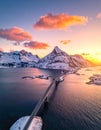 Scenic aerial view of fredvang bridges at colorful sunset in winter. Islands in lofot Royalty Free Stock Photo