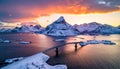 Scenic aerial view of fredvang bridges at colorful sunset in winter. Islands in lofot Royalty Free Stock Photo