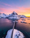 Scenic aerial view of fredvang bridges at colorful sunset in winter. Islands in lofot Royalty Free Stock Photo