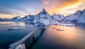 Scenic aerial view of fredvang bridges at colorful sunset in winter. Islands in lofot Royalty Free Stock Photo